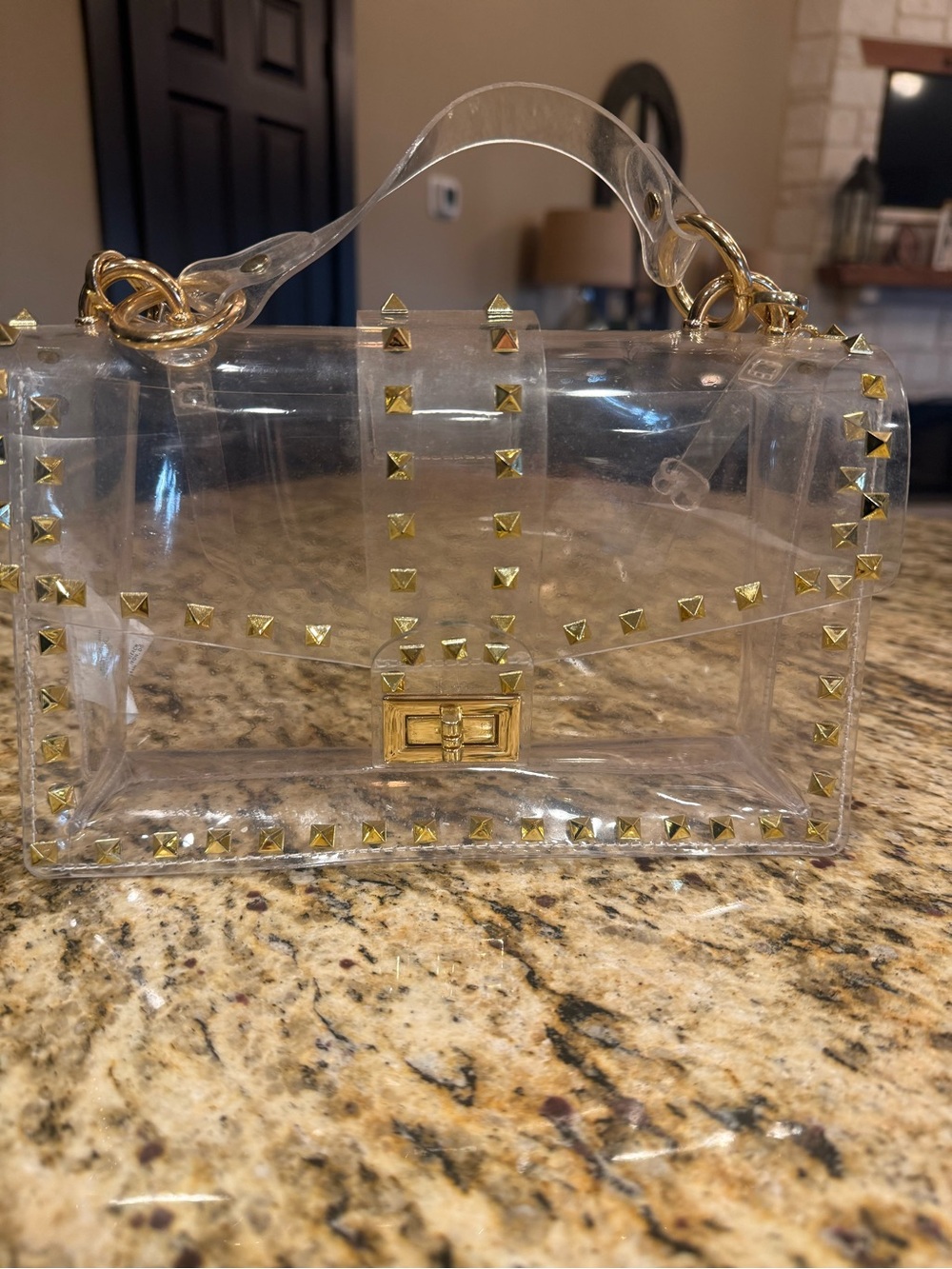 Clear Studded Top-Handle Crossbody Bag with Gold Hardware